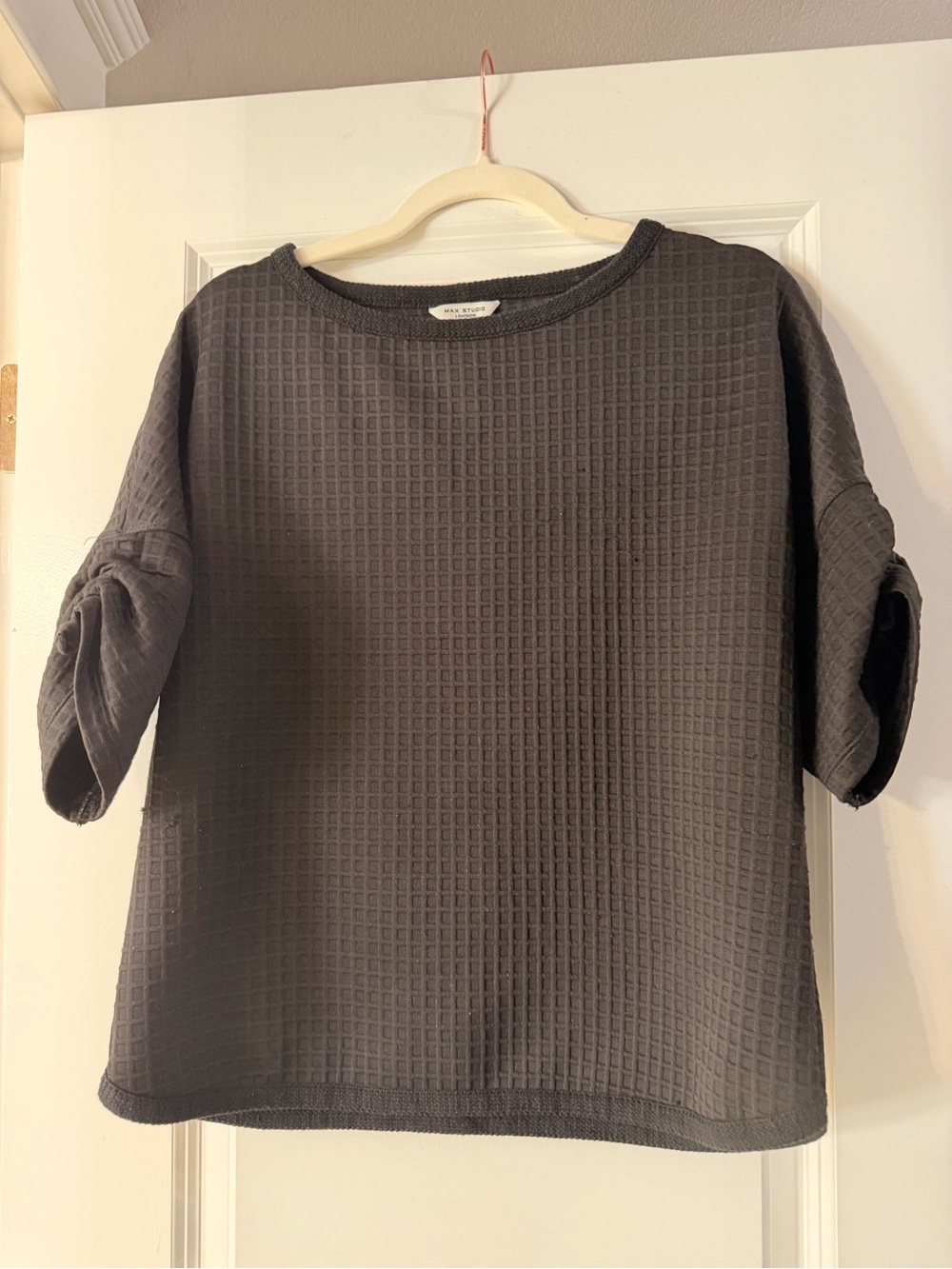 Max Studio Charcoal Waffle Knit Short Sleeve Top